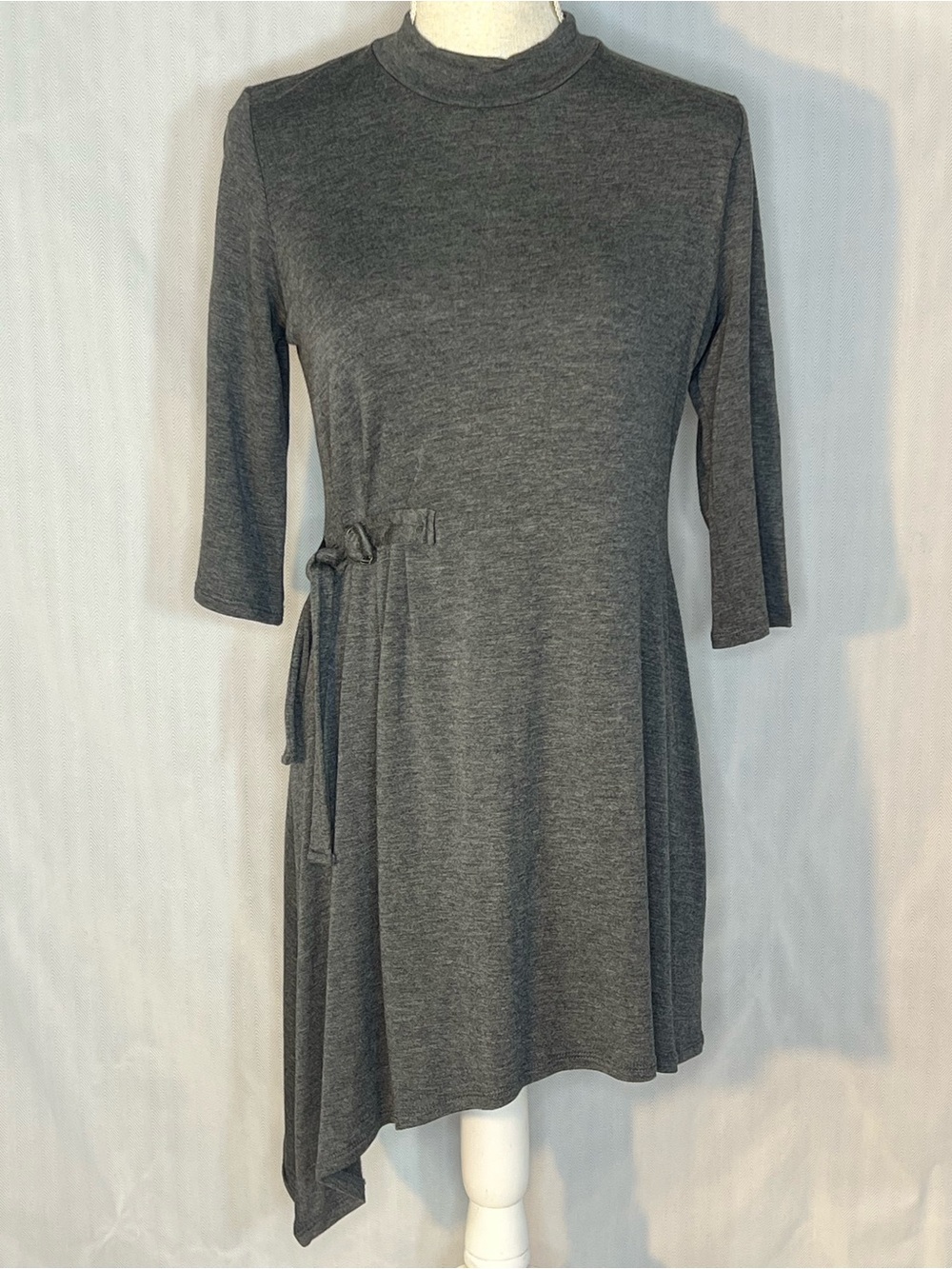Monteau Dress Gray Lightweight Knit Asymmetrical Hem 3/4 Sleeves Mock Neckline M
